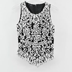 Vtg 80s Beaded Top Womens Size S Black White Floral Sleeveless Embellished Glam